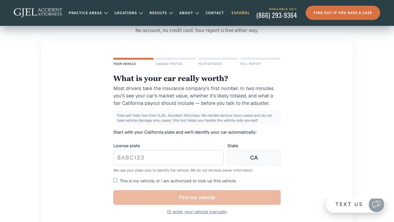 GJEL California total-loss calculator entry screen with a licence plate field, vehicle lookup consent and manual entry option