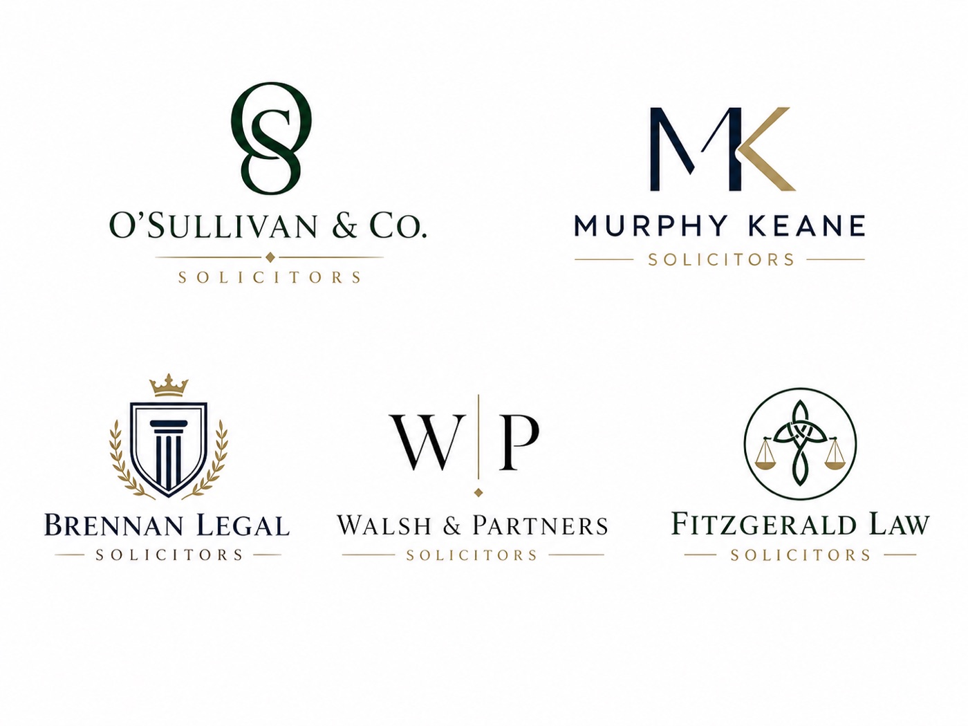 Logo design examples for Irish solicitor firms, including O'Sullivan and Co, Murphy Keane, Brennan Legal, Walsh and Partners and Fitzgerald Law