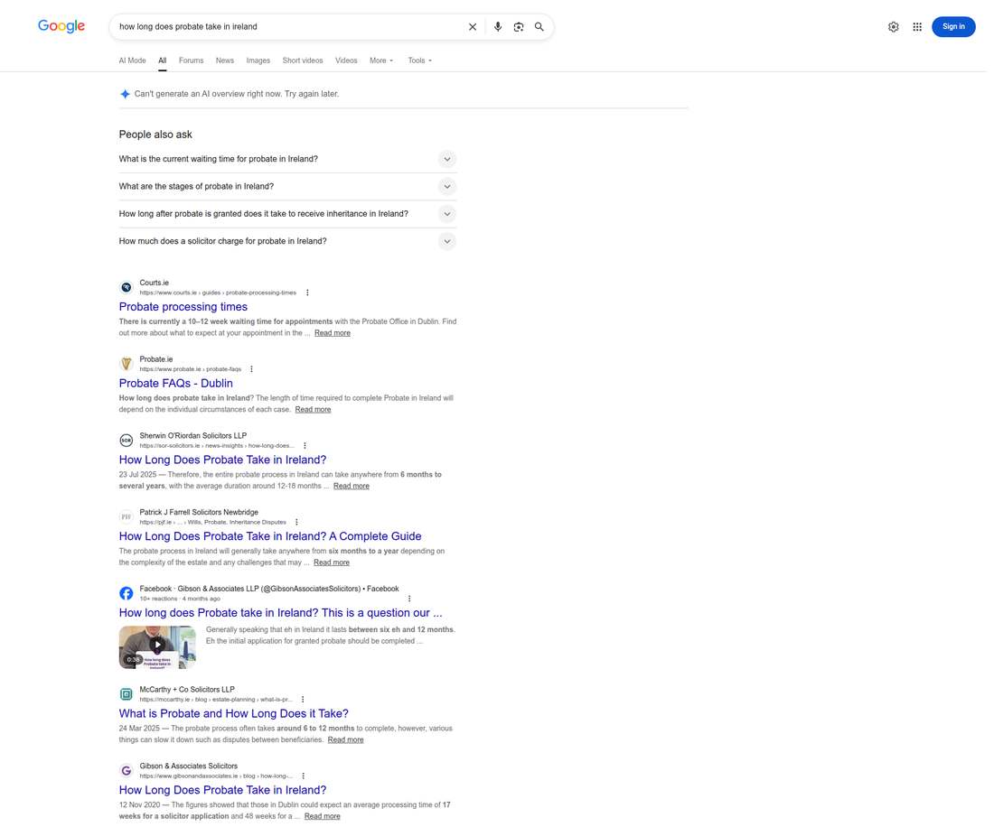Google results in Ireland for how long does probate take in Ireland, showing People also ask and solicitor articles ranking organically