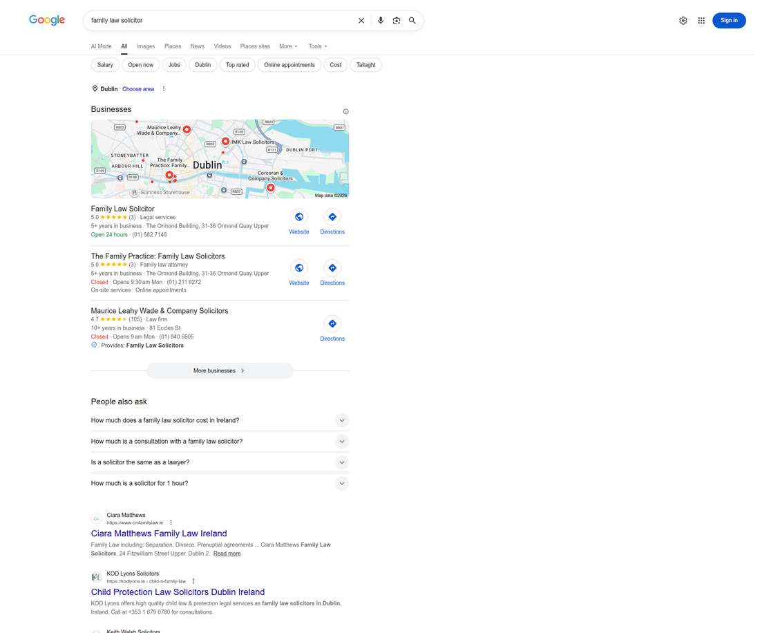 Google results for family law solicitor searched from Dublin, Ireland, showing directory listings, the local map pack and organic results