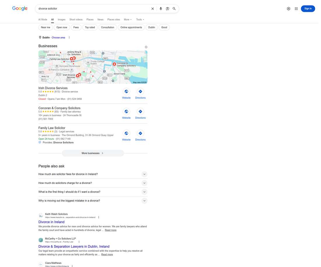 Google results for divorce solicitor searched from Dublin, Ireland, showing the local map pack, People also ask and organic results