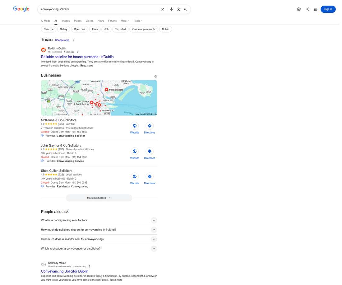 Google results for conveyancing solicitor searched from Dublin, Ireland, showing the local map pack and organic results