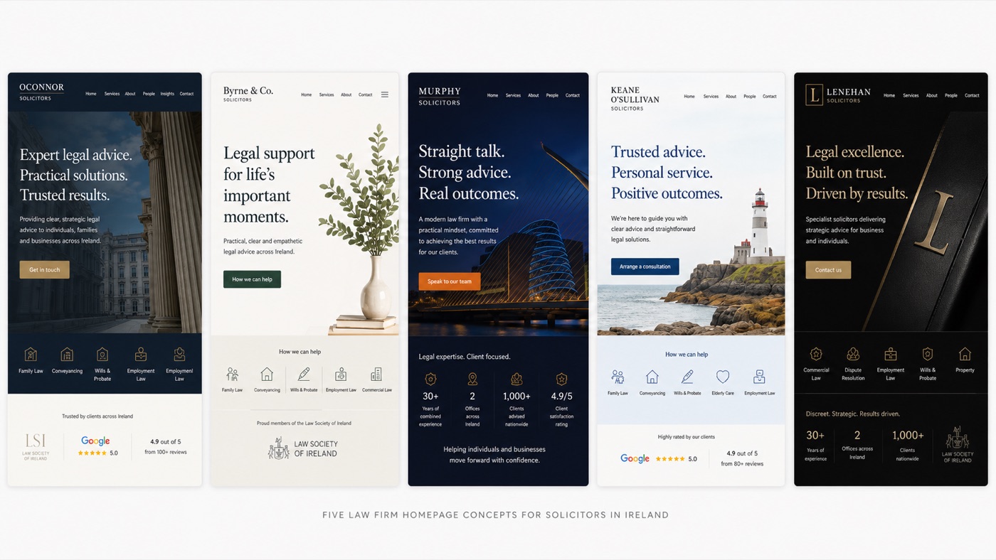 Five law firm homepage design concepts for solicitors in Ireland, showing modern, mobile first website layouts